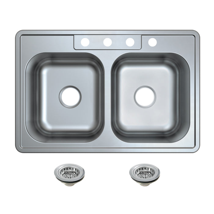 Kingston Tulare KGKTD332281 - Studio 33-Inch Stainless Steel Self-Rimming Double Bowl Drop-In Kitchen Sink (4-Hole) with Strainer, Stainless Steel/Polished Chrome