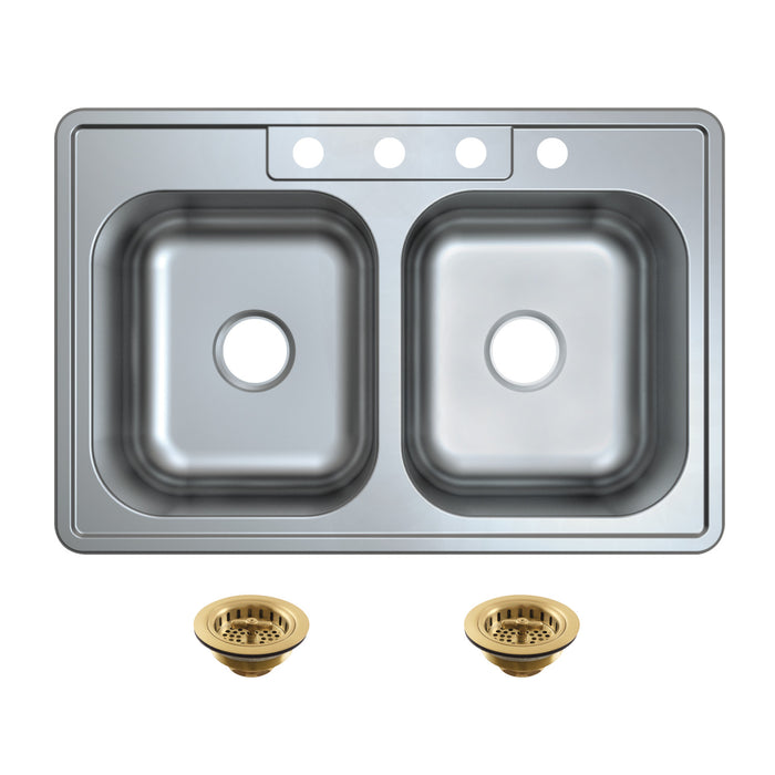 Kingston Tulare KGKTD332287 - Studio 33-Inch Stainless Steel Self-Rimming Double Bowl Drop-In Kitchen Sink (4-Hole) with Strainer, Stainless Steel/Brushed Brass