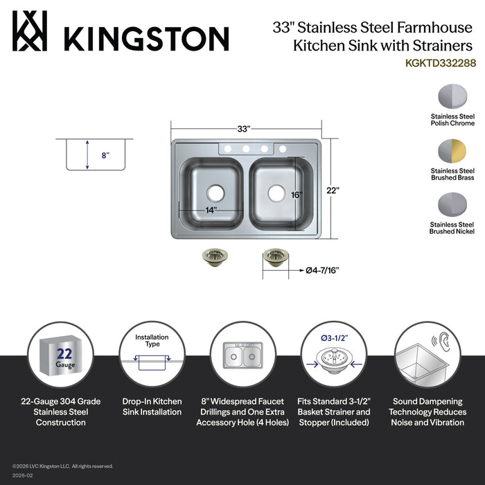 Kingston Tulare KGKTD332288 - Studio 33-Inch Stainless Steel Self-Rimming Double Bowl Drop-In Kitchen Sink (4-Hole) with Strainer, Stainless Steel/Brushed Nickel