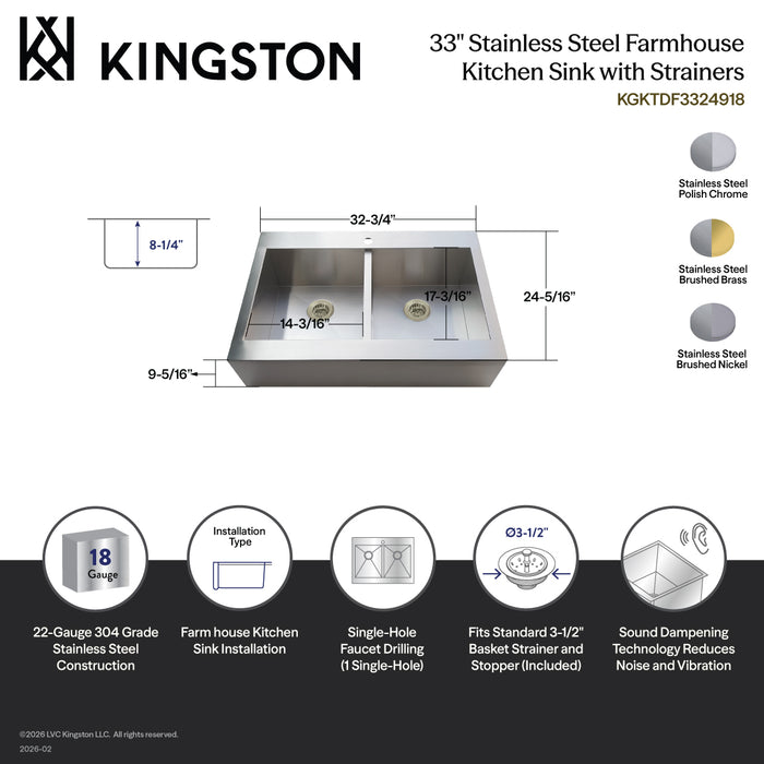 Kingston Sona KGKTDF3324917 - Edinburg 33-Inch Stainless Steel Apron-Front Double Bowl Farmhouse Kitchen Sink (1-Hole) with Strainer, Brushed Stainless Steel/Brushed Brass