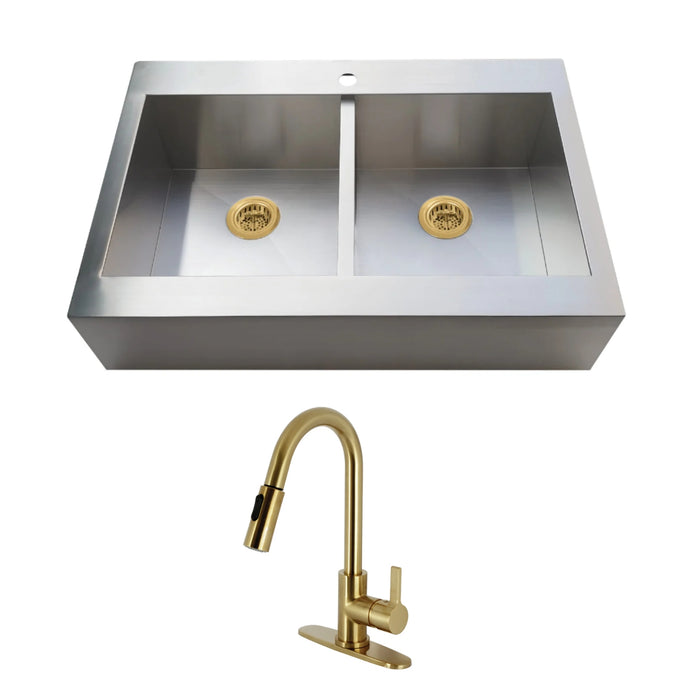 Edinburg 33-Inch Stainless Steel Double Bowl Drop-In Kitchen Sink  with Pull-Down Kitchen Faucet and Basket Strainer, Brushed Brass