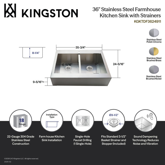 Kingston Sona KGKTDF3624917 - Edinburg 36-Inch Stainless Steel Apron-Front Double Bowl Farmhouse Kitchen Sink (1-Hole) with Strainer, Brushed Stainless Steel/Brushed Brass