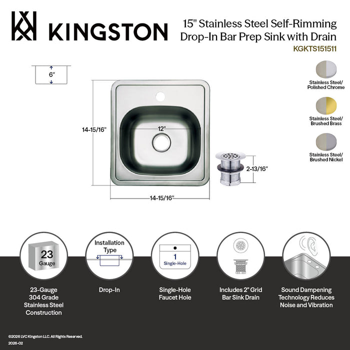 Kingston Tulare KGKTS151511 - Studio 15-Inch Stainless Steel Self-Rimming Single Bowl Drop-In Bar Prep Sink (1-Hole) with Strainer, Brushed Stainless Steel/Polished Chrome
