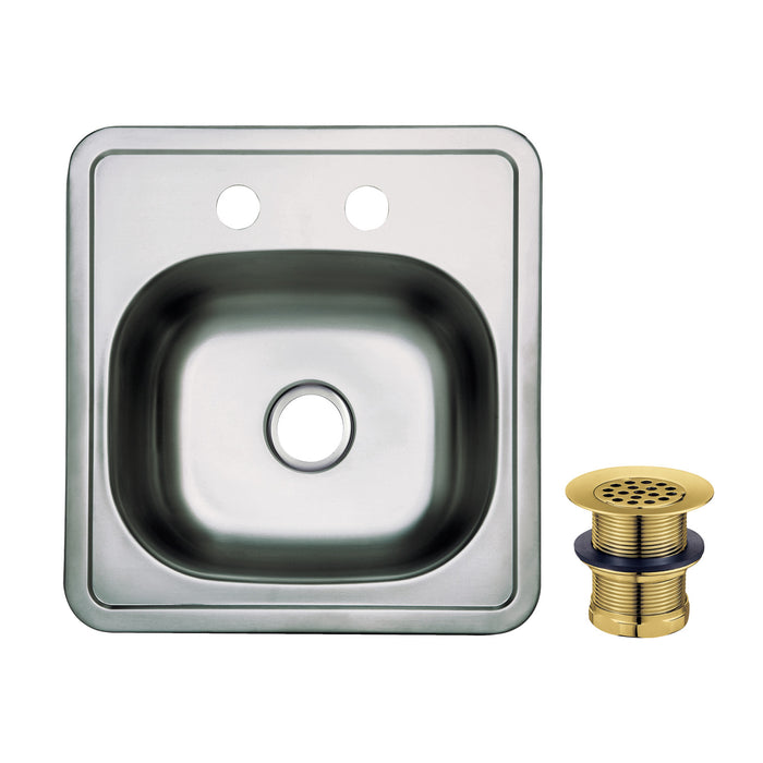 Kingston Tulare KGKTS15157 - Studio 15-Inch Stainless Steel Self-Rimming Single Bowl Drop-In Bar Prep Sink (2-Hole) with Strainer, Stainless Steel/Brushed Brass