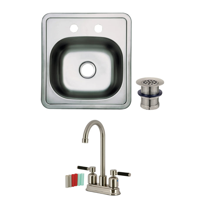 Studio 15-Inch Stainless Steel Single Bowl Drop-In Bar Prep Sink with Deck Mount Bar Faucet and Basket Strainer, Brushed Nickel