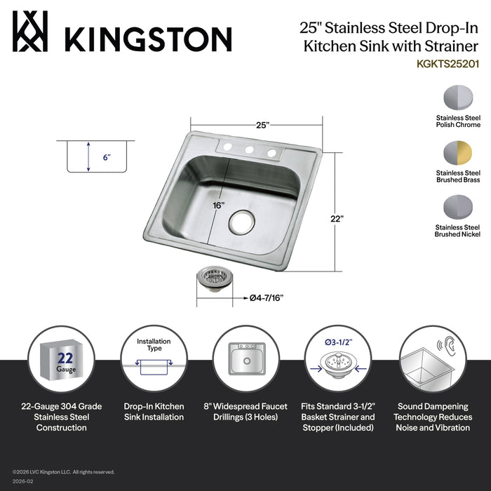 Kingston Tulare KGKTS25201 - Studio 25-Inch Stainless Steel Self-Rimming Single Bowl Drop-In Kitchen Sink (3-Hole) with Strainer, Brushed Stainless Steel/Polished Chrome