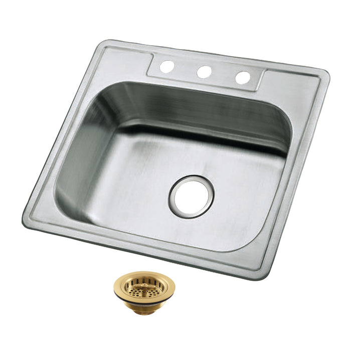 Kingston Tulare KGKTS25207 - Studio 25-Inch Stainless Steel Self-Rimming Single Bowl Drop-In Kitchen Sink (3-Hole) with Strainer, Stainless Steel/Brushed Brass