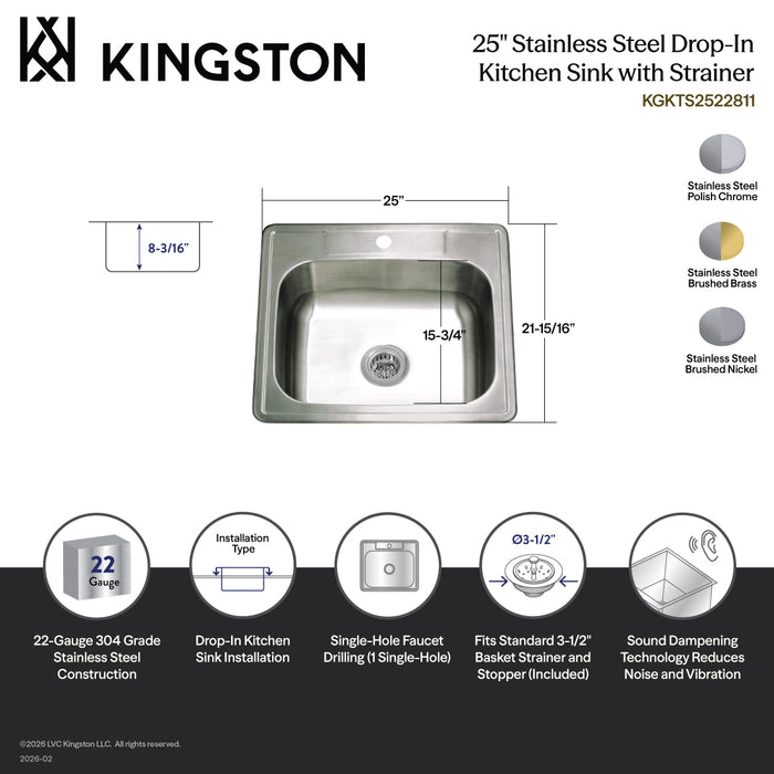 Kingston Tulare KGKTS2522817 - Studio 25-Inch Stainless Steel Self-Rimming Single Bowl Drop-In Kitchen Sink (1-Hole) with Strainer, Brushed Stainless Steel/Brushed Brass