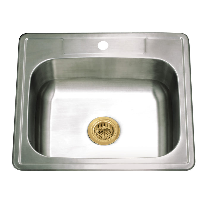 Kingston Tulare KGKTS2522817 - Studio 25-Inch Stainless Steel Self-Rimming Single Bowl Drop-In Kitchen Sink (1-Hole) with Strainer, Stainless Steel/Brushed Brass