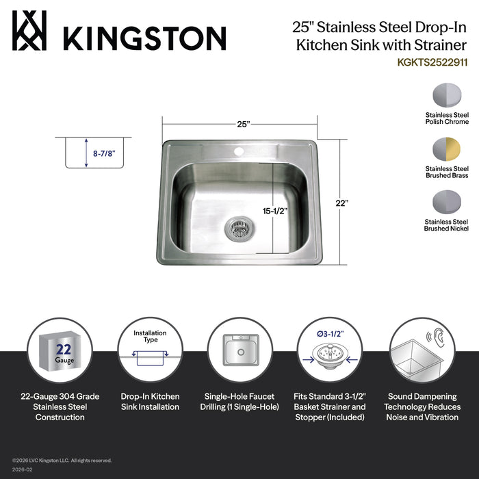 Kingston Tulare KGKTS2522911 - Studio 25-Inch Stainless Steel Self-Rimming Single Bowl Drop-In Kitchen Sink (1-Hole) with Strainer, Brushed Stainless Steel/Polished Chrome
