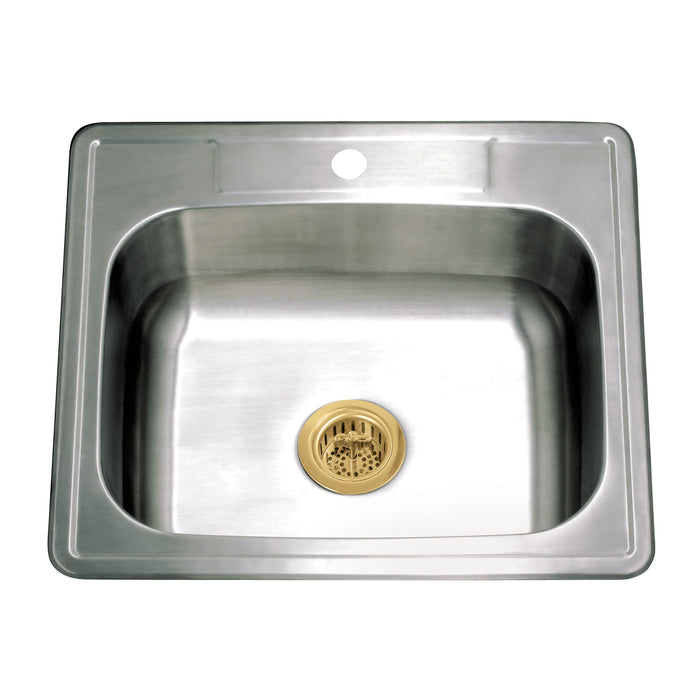 Kingston Tulare KGKTS2522917 - Studio 25-Inch Stainless Steel Self-Rimming Single Bowl Drop-In Kitchen Sink (1-Hole) with Strainer, Stainless Steel/Brushed Brass