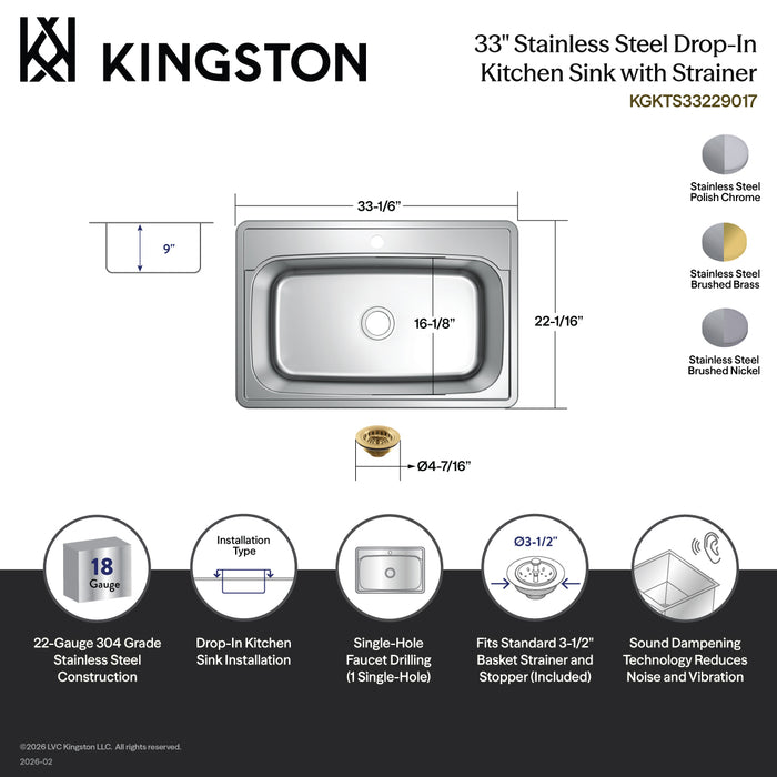 Kingston Tulare KGKTS33229011 - Studio 33-Inch Stainless Steel Self-Rimming Single Bowl Drop-In Kitchen Sink (1-Hole) with Strainer, Brushed Stainless Steel/Polished Chrome
