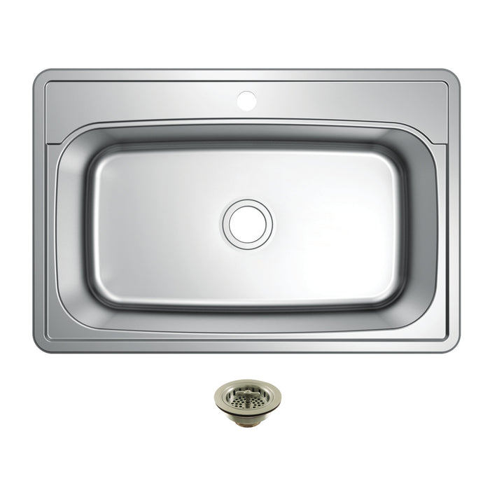 Kingston Tulare KGKTS33229018 - Studio 33-Inch Stainless Steel Self-Rimming Single Bowl Drop-In Kitchen Sink (1-Hole) with Strainer, Stainless Steel/Brushed Nickel