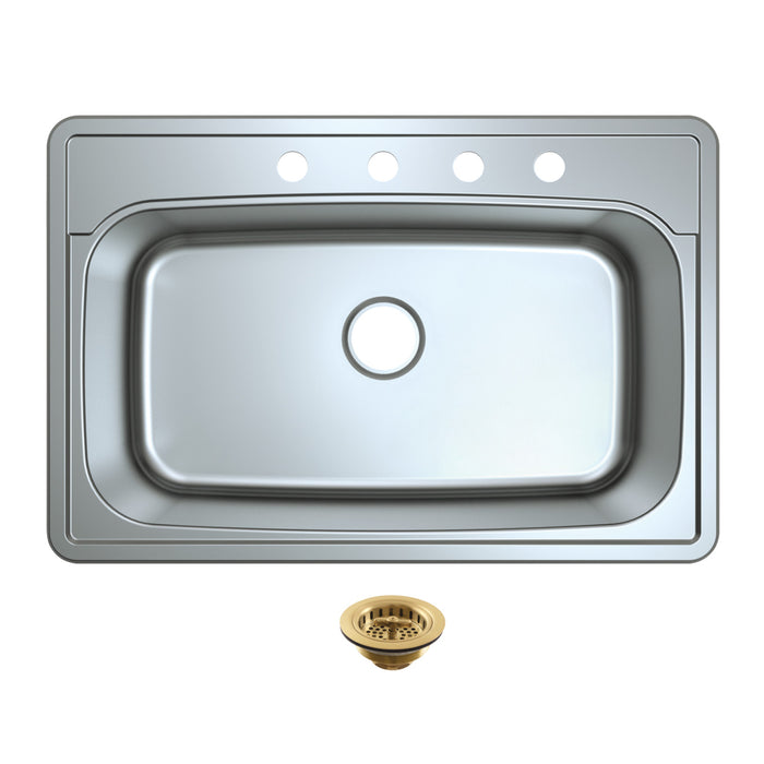 Kingston Tulare KGKTS3322907 - Studio 33-Inch Stainless Steel Self-Rimming Single Bowl Drop-In Kitchen Sink (4-Hole) with Strainer, Stainless Steel/Brushed Brass