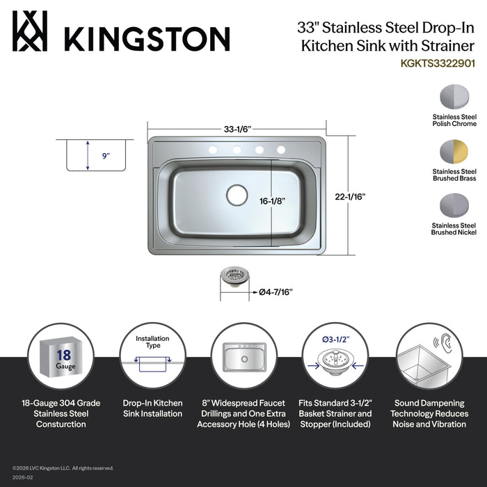 Kingston Tulare KGKTS3322908 - Studio 33-Inch Stainless Steel Self-Rimming Single Bowl Drop-In Kitchen Sink (4-Hole) with Strainer, Stainless Steel/Brushed Nickel