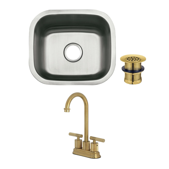 Loft 16-Inch Stainless Steel Single Bowl Undermount Bar Prep Sink with Deck Mount Bar Faucet with Knurled Handle and Basket Strainer, Brushed Brass