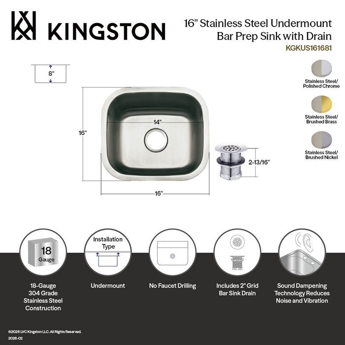 Kingston Tulare KGKUS161688 - Loft 16-Inch Stainless Steel Single Bowl Undermount Bar Prep Sink, Brushed Stainless Steel/Brushed Nickel