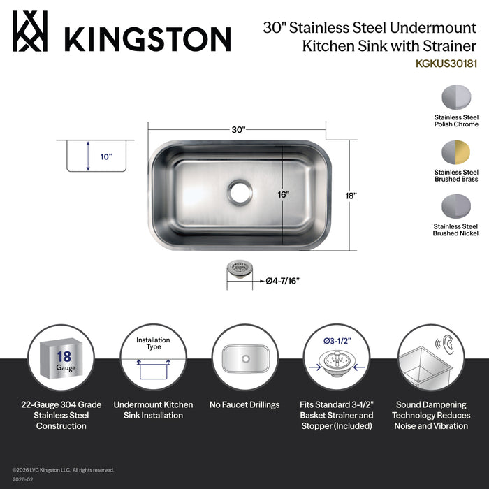 Kingston Tulare KGKUS30187 - Loft 30-Inch Stainless Steel Single Bowl Undermount Kitchen Sink with Strainer, Brushed Stainless Steel/Brushed Brass