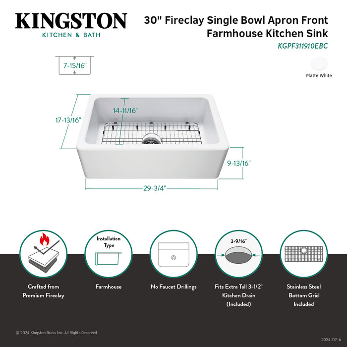 Kingston Heirloom KGPF311910EBC - Kaolin 30-Inch Fireclay Single Bowl Farmhouse Kitchen Sink with Bottom Grid and Strainer, Matte White
