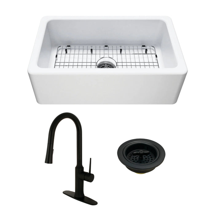 Kaolin 30-Inch Fireclay Farmhouse Kitchen Sink with Pull-Down Kitchen Faucet and Basket Strainer, Matte Black