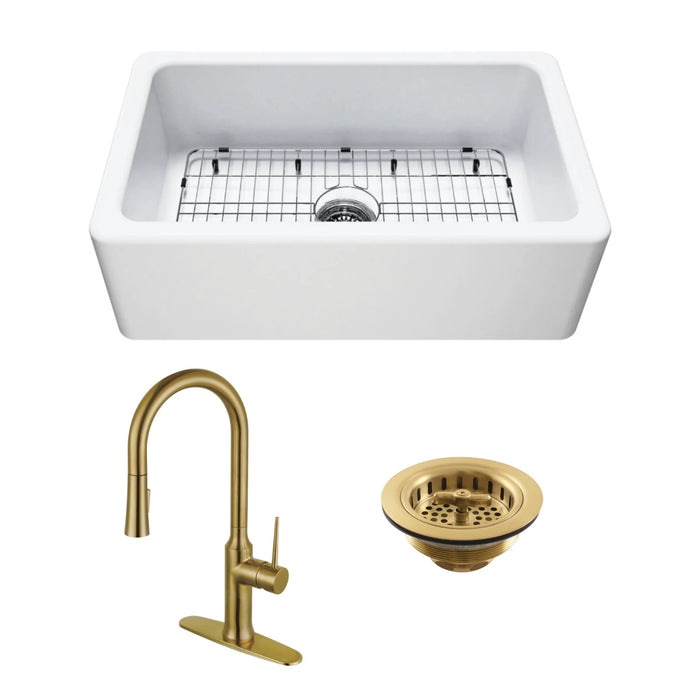 Kaolin 30-Inch Fireclay Farmhouse Kitchen Sink with Pull-Down Kitchen Faucet and Basket Strainer, Brushed Brass