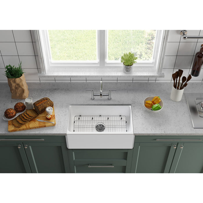 Kaolin 30-Inch Fireclay Farmhouse Kitchen Sink with Pull-Down Kitchen Faucet and Basket Strainer, Matte Black