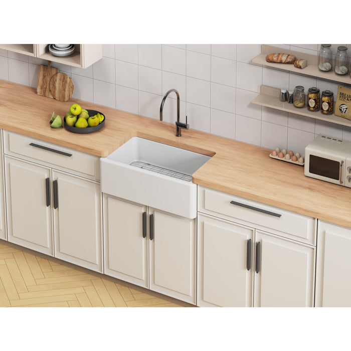 Kingston Heirloom KGPF311910EBC - Kaolin 30-Inch Fireclay Single Bowl Farmhouse Kitchen Sink with Bottom Grid and Strainer, Matte White