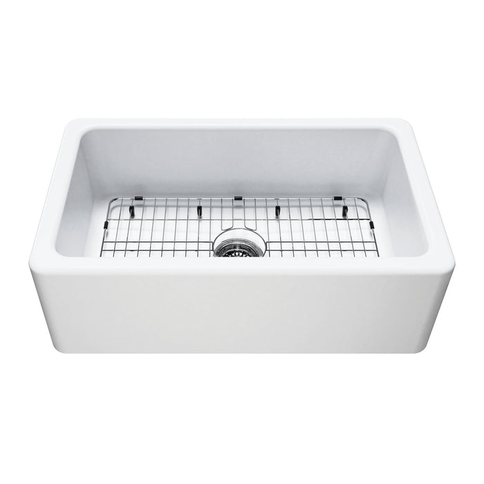 Kingston Heirloom KGPF311910EBC - Kaolin 30-Inch Fireclay Single Bowl Farmhouse Kitchen Sink with Bottom Grid and Strainer, Matte White