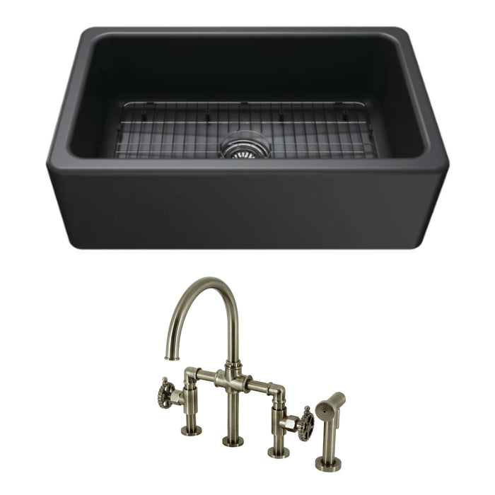 Kaolin 30-Inch Fireclay Farmhouse Kitchen Sink with Deck Mount Bridge Kitchen Faucet with Side Sprayer and Basket Strainer, Black Stainless