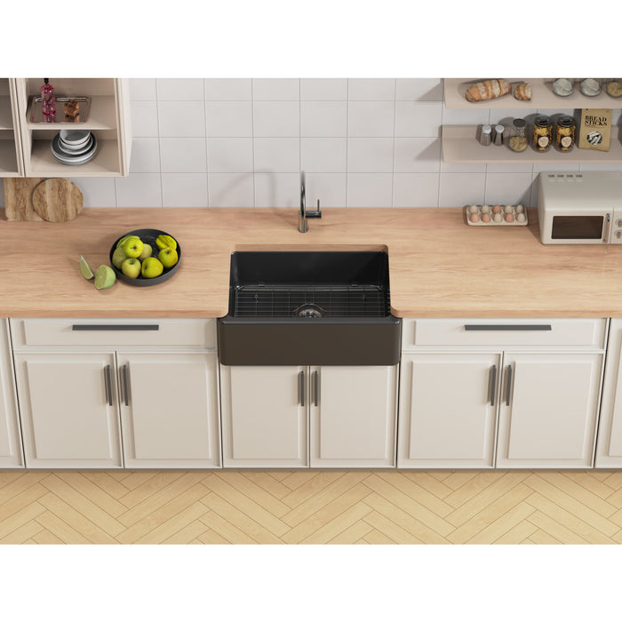 Kaolin KGPF311910KBC 30-Inch Fireclay Single Bowl Farmhouse Kitchen Sink with Bottom Grid and Strainer, Matte Black