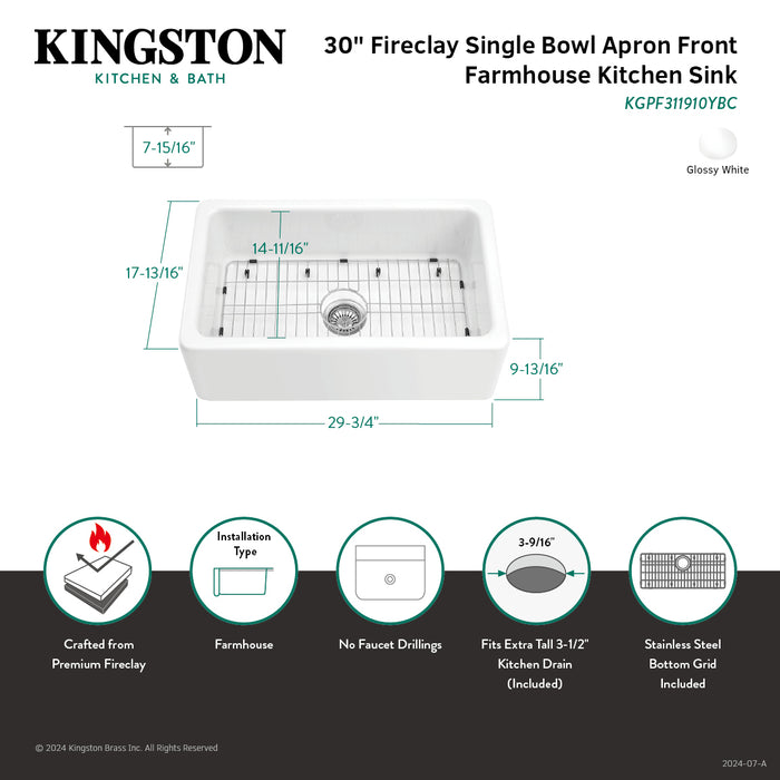 Kingston Heirloom KGPF311910YBC - Kaolin 30-Inch Fireclay Single Bowl Farmhouse Kitchen Sink with Bottom Grid and Strainer, Glossy White