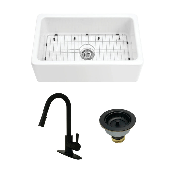 Kaolin 30-Inch Fireclay Farmhouse Kitchen Sink with Pull-Down Kitchen Faucet and Basket Strainer, Matte Black