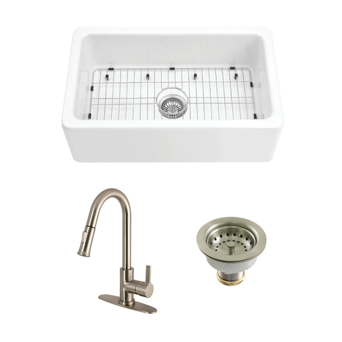 Kaolin 30-Inch Fireclay Farmhouse Kitchen Sink with Pull-Down Kitchen Faucet and Basket Strainer, Brushed Nickel