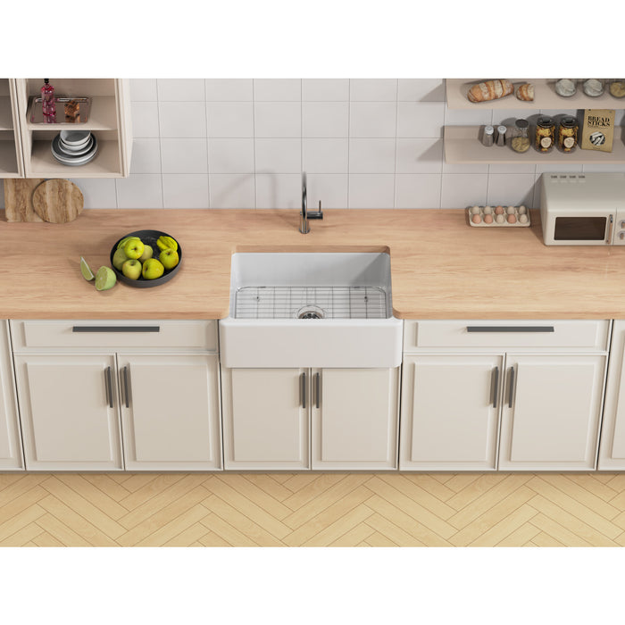 Kingston Heirloom KGPF311910YBC - Kaolin 30-Inch Fireclay Single Bowl Farmhouse Kitchen Sink with Bottom Grid and Strainer, Glossy White