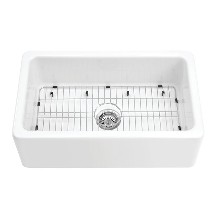 Kingston Heirloom KGPF311910YBC - Kaolin 30-Inch Fireclay Single Bowl Farmhouse Kitchen Sink with Bottom Grid and Strainer, Glossy White