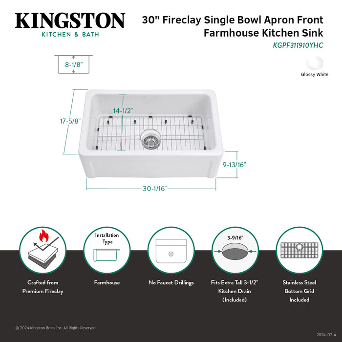 Kingston Heirloom KGPF311910YHC - Kaolin 30-Inch Fireclay Single Bowl Farmhouse Kitchen Sink with Bottom Grid and Strainer, Glossy White