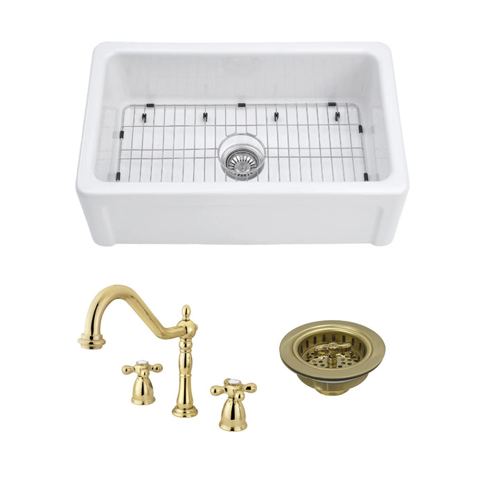 Kaolin 30-Inch Fireclay Farmhouse Kitchen Sink with Widespread Kitchen Faucet and Basket Strainer, Polished Brass