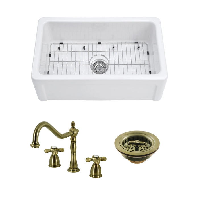 Kaolin 30-Inch Fireclay Farmhouse Kitchen Sink with Widespread Kitchen Faucet and Basket Strainer, Antique Brass