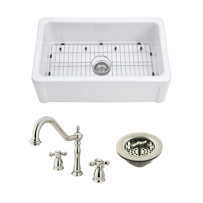 Kaolin 30-Inch Fireclay Farmhouse Kitchen Sink with Widespread Kitchen Faucet and Basket Strainer, Polished Nickel
