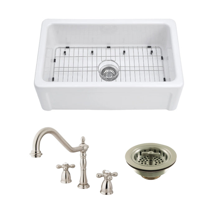 Kaolin 30-Inch Fireclay Farmhouse Kitchen Sink with Widespread Kitchen Faucet and Basket Strainer, Brushed Nickel