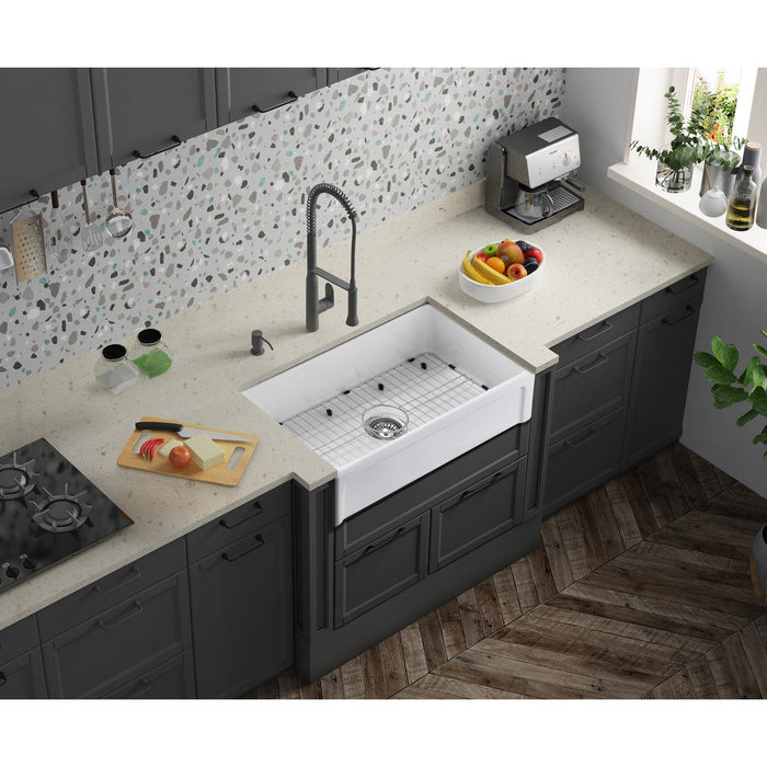 Kaolin 30-Inch Fireclay Farmhouse Kitchen Sink with Widespread Kitchen Faucet and Basket Strainer, Brushed Nickel