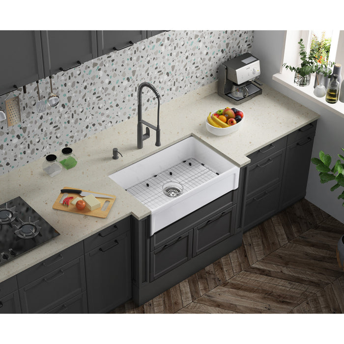 Kingston Heirloom KGPF311910YHC - Kaolin 30-Inch Fireclay Single Bowl Farmhouse Kitchen Sink with Bottom Grid and Strainer, Glossy White