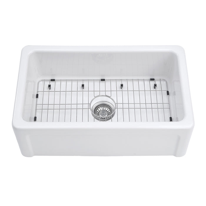 Kingston Heirloom KGPF311910YHC - Kaolin 30-Inch Fireclay Single Bowl Farmhouse Kitchen Sink with Bottom Grid and Strainer, Glossy White