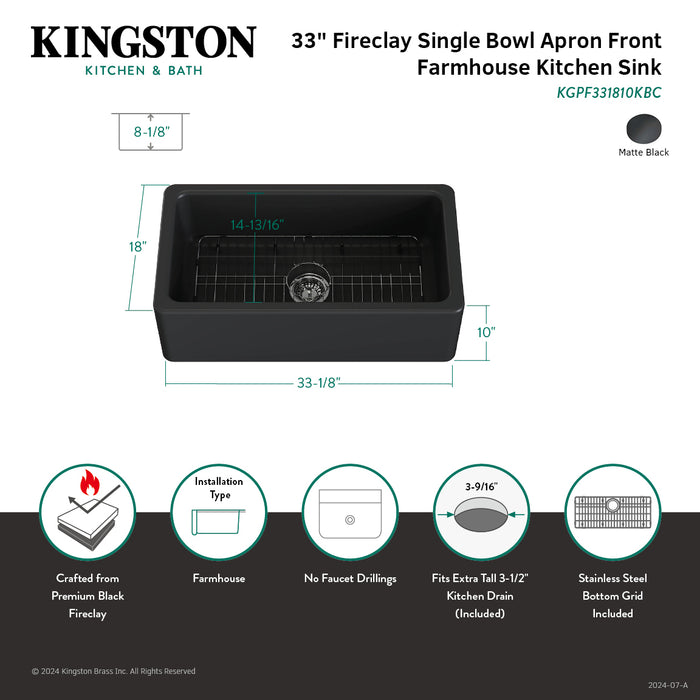 Kingston Heirloom KGPF331810KBC - Kaolin 33-Inch Fireclay Single Bowl Farmhouse Kitchen Sink with Bottom Grid and Strainer, Matte Black