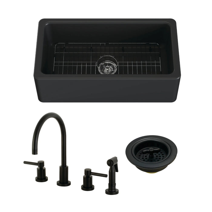 Kaolin 33-Inch Fireclay Farmhouse Kitchen Sink with Widespread Kitchen Faucet with Brass Sprayer and Basket Strainer, Matte Black