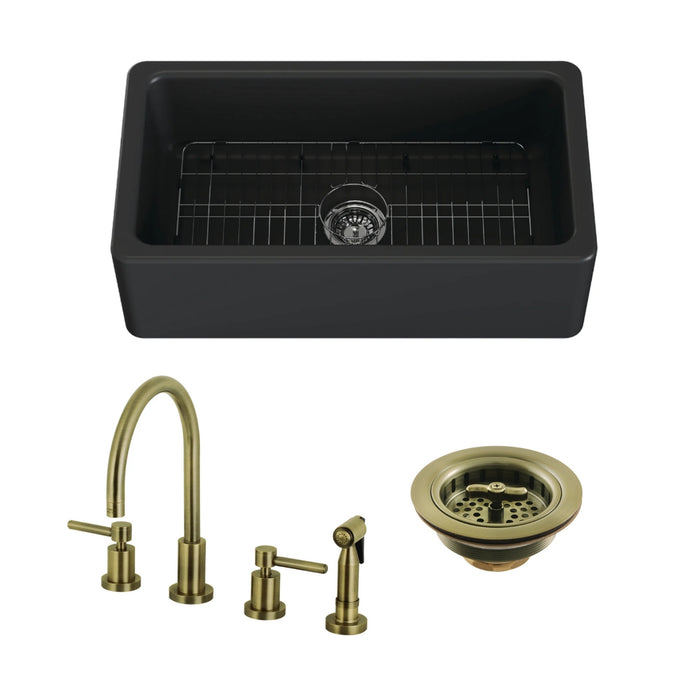 Kaolin 33-Inch Fireclay Farmhouse Kitchen Sink with Widespread Kitchen Faucet with Brass Sprayer and Basket Strainer, Antique Brass