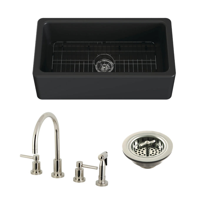 Kaolin 33-Inch Fireclay Farmhouse Kitchen Sink with Widespread Kitchen Faucet with Brass Sprayer and Basket Strainer, Polished Nickel
