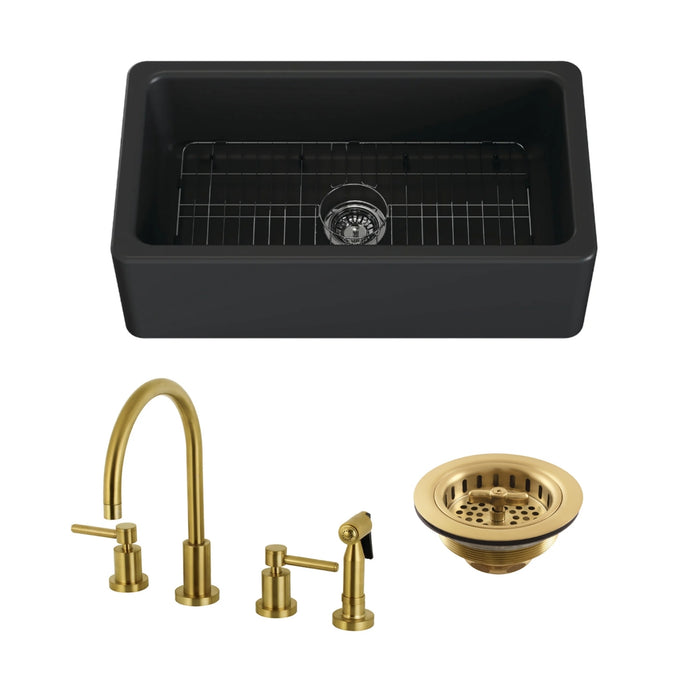 Kaolin 33-Inch Fireclay Farmhouse Kitchen Sink with Widespread Kitchen Faucet with Brass Sprayer and Basket Strainer, Brushed Brass