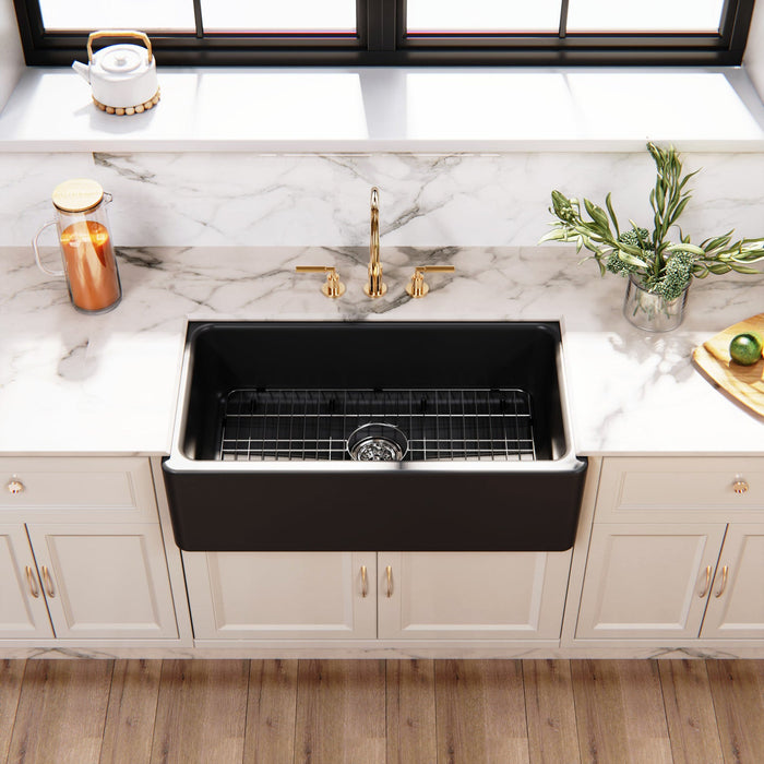 Kaolin 33-Inch Fireclay Farmhouse Kitchen Sink with Widespread Kitchen Faucet with Brass Sprayer and Basket Strainer, Brushed Brass