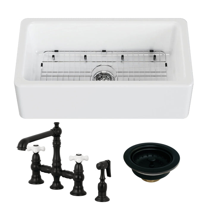 Kaolin 33-Inch Fireclay Farmhouse Kitchen Sink with Deck Mount Bridge Kitchen Faucet with Side Sprayer and Basket Strainer, Matte Black